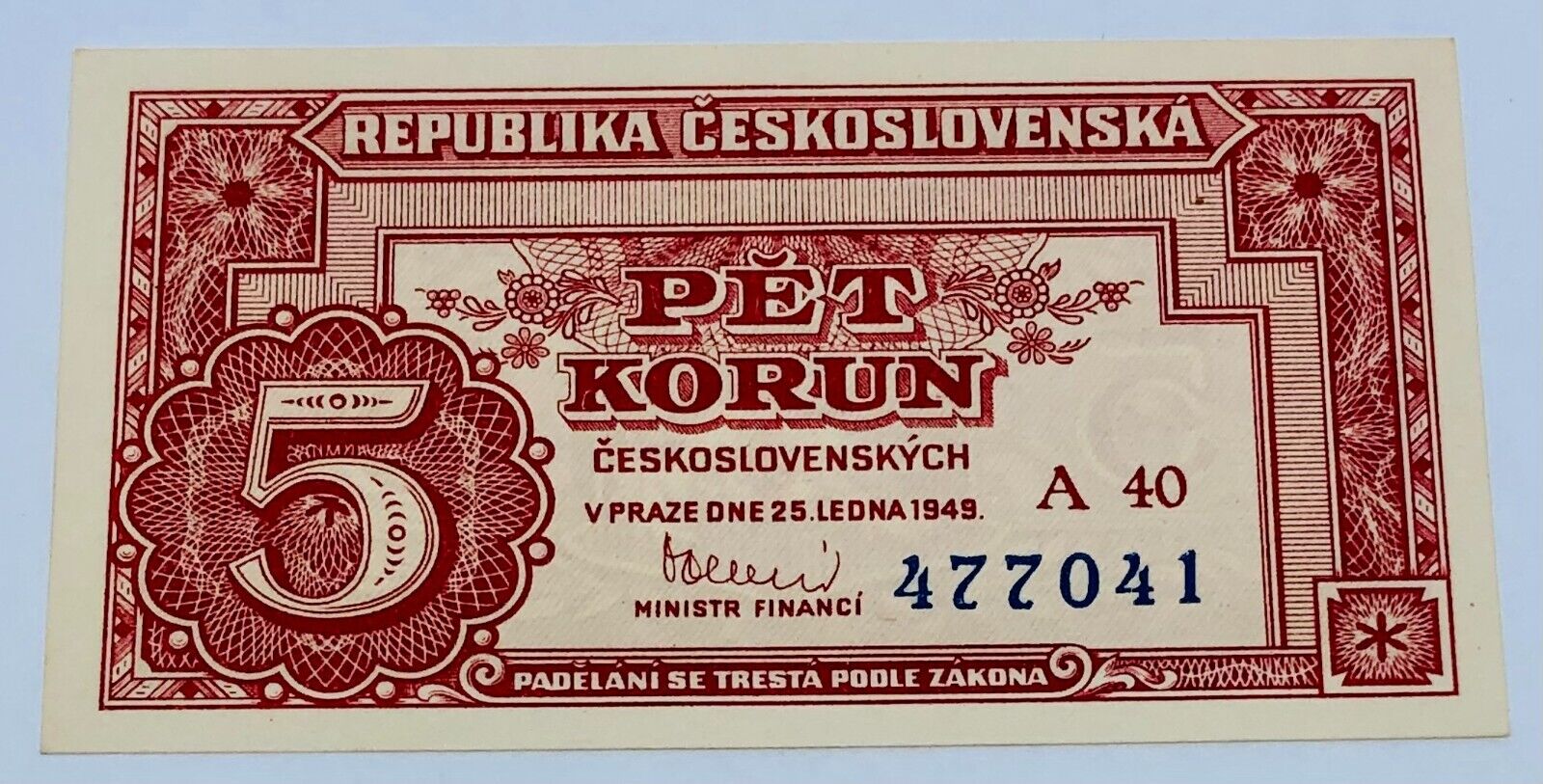 1949 5 Pet Korun - Republika Ceskoslovenska - Uncirculated - Czechoslovakia Bill