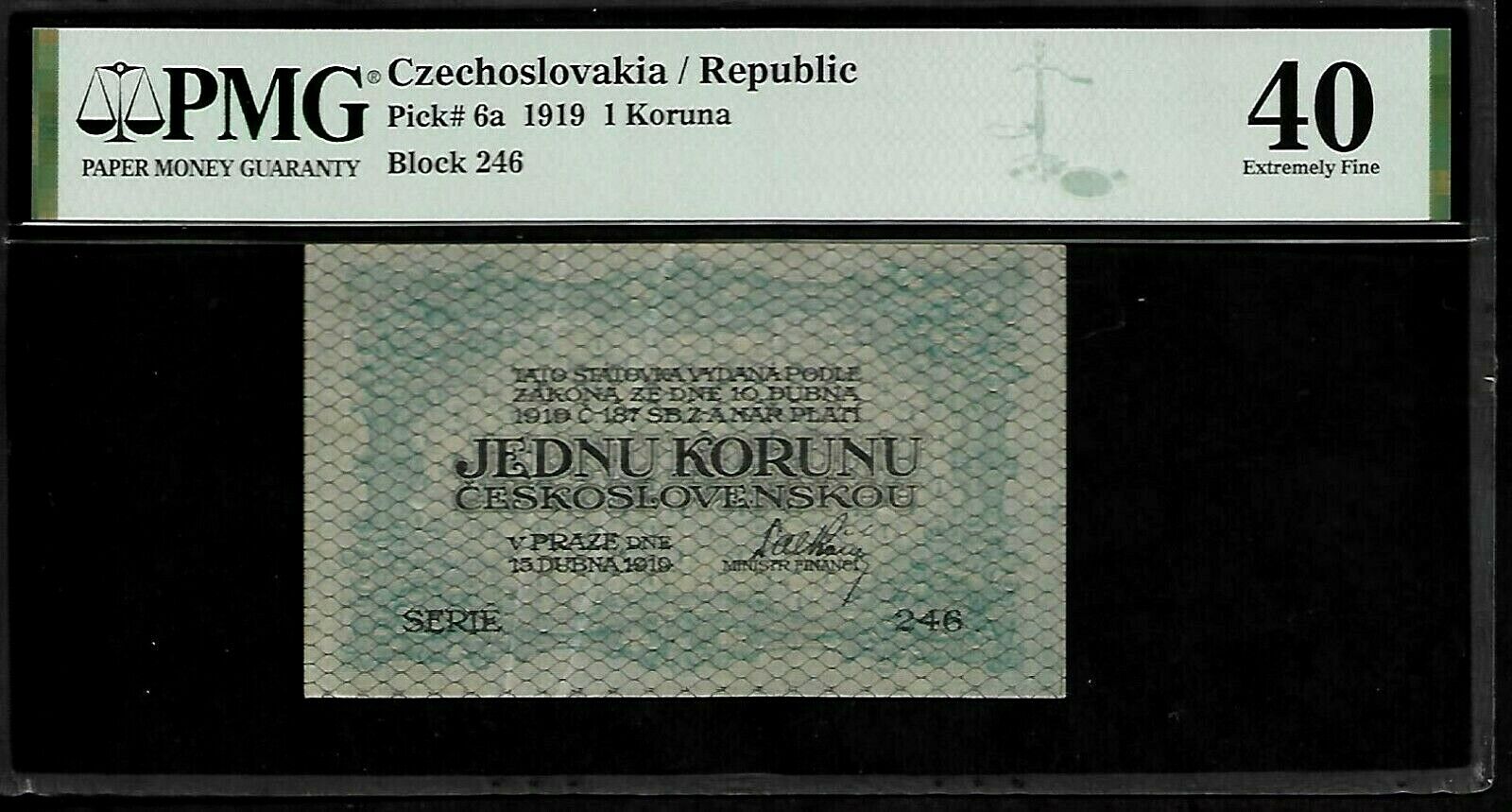 Czechoslovakia 1 Koruna 1919 Pmg 40  P#6a Pmg Population 1/6