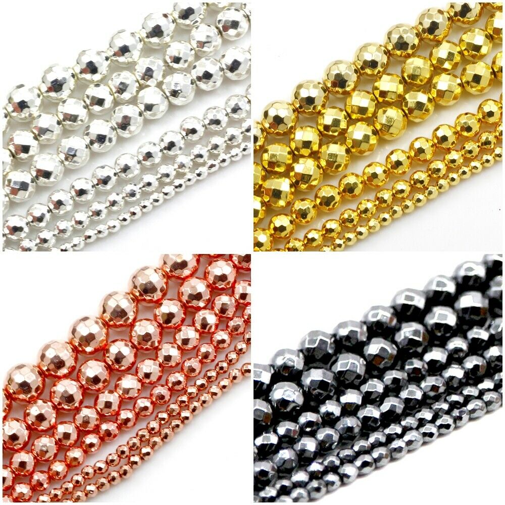 Natural Hematite Faceted Round Bead 15" Shiny Silver Rose Gold 3mm 4 6 8 10 12mm