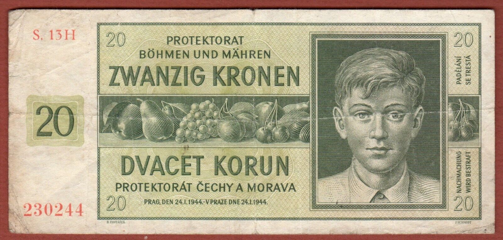 Bohemia And Moravia  20 Korun 1944 Green   Very Nice  Note !!!