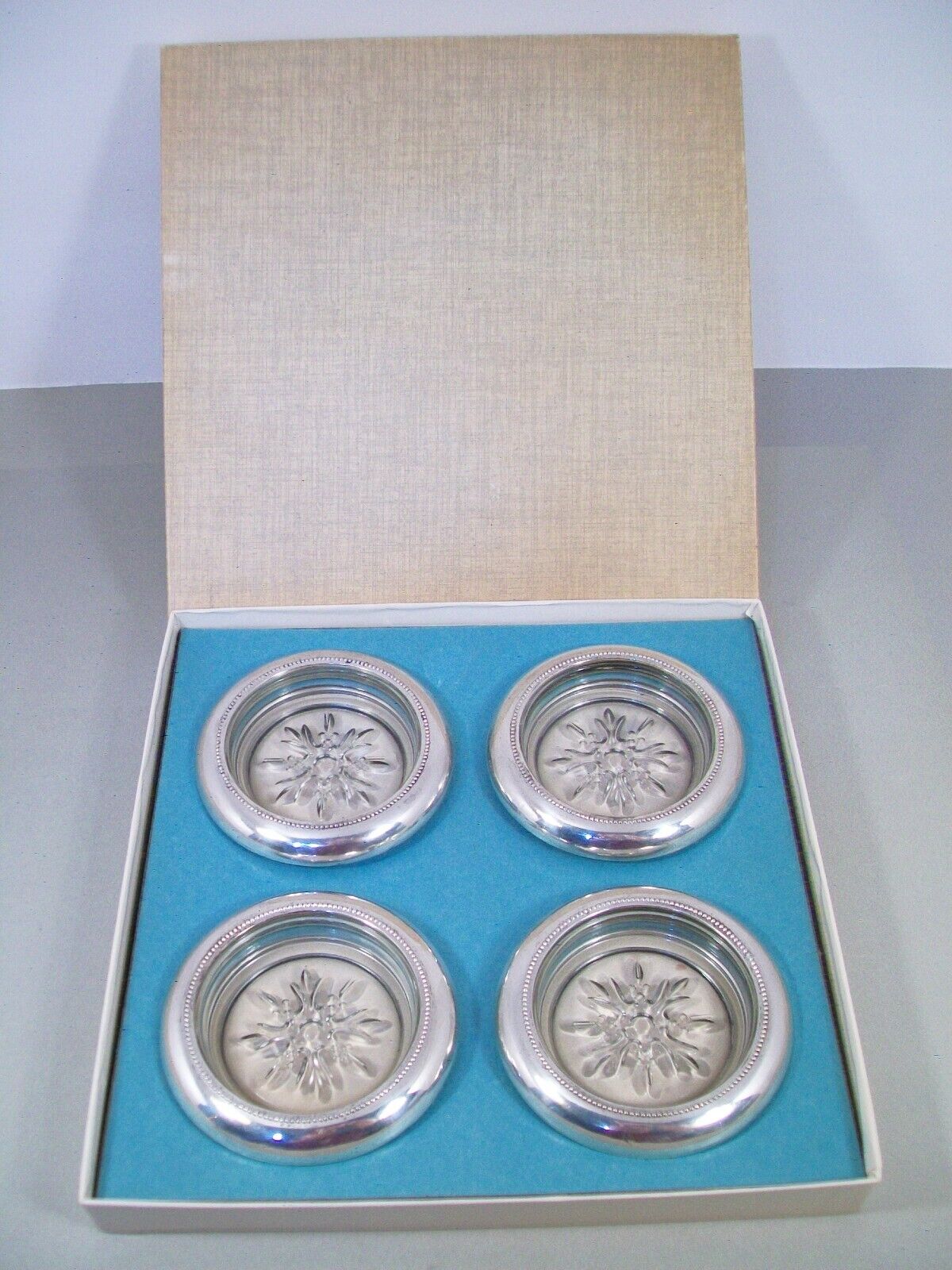 Set Of Four Empire Glass Coasters With Sterling Silver Rims, In Original Box