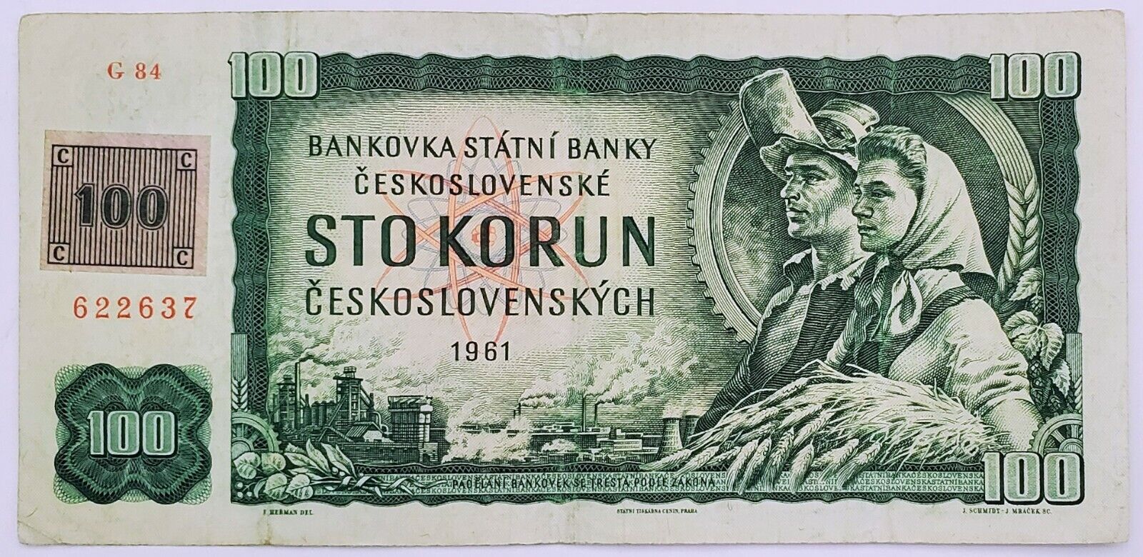 Czechoslovakia 500 Korun 1961 Banknote With Czech Stamp Prefix G84 622637 Rare!