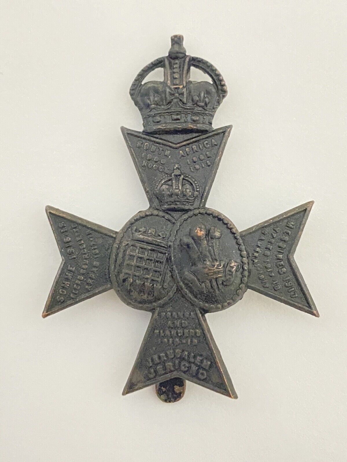 Wwi Ww1 16th London Regiment Cap Badge Kc Slider Antique Original Great War￼