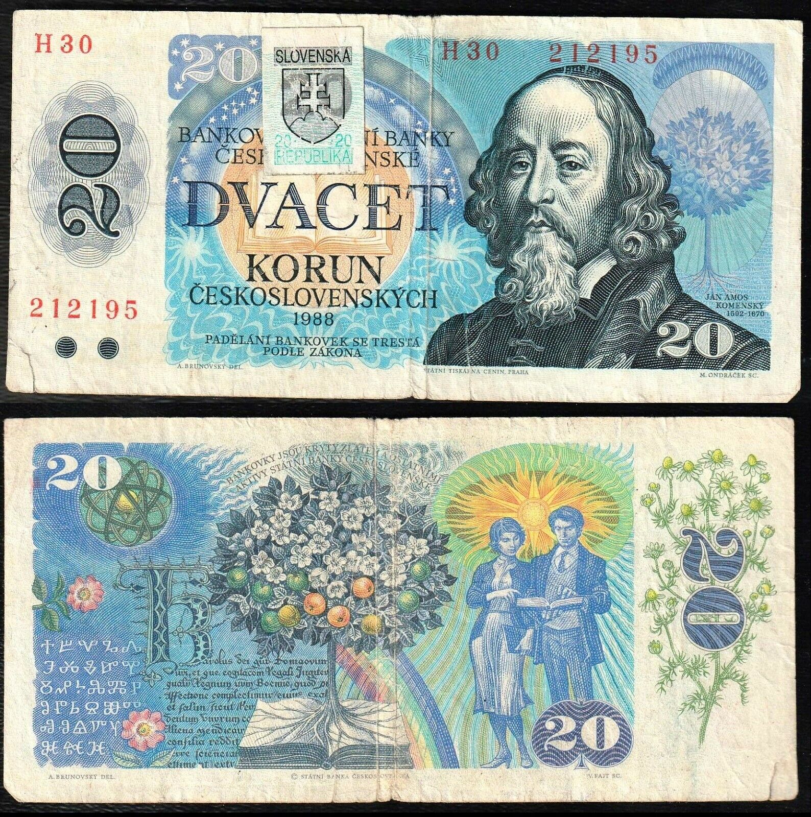 Slovakia 20 Korun 1993 (1988)  P-15 Banknote * Stamped Banknote ***