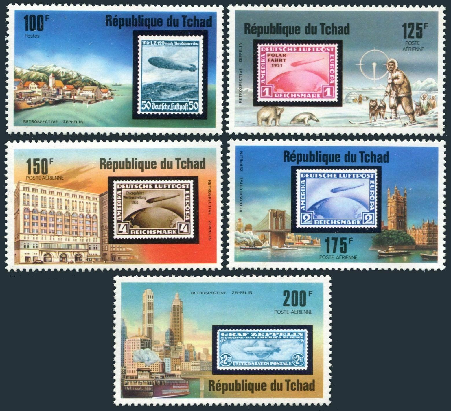 Chad 327,c206-c209,mnh.mi 775-779. Zeppelin-75,1977.stamp On Stamp,views.
