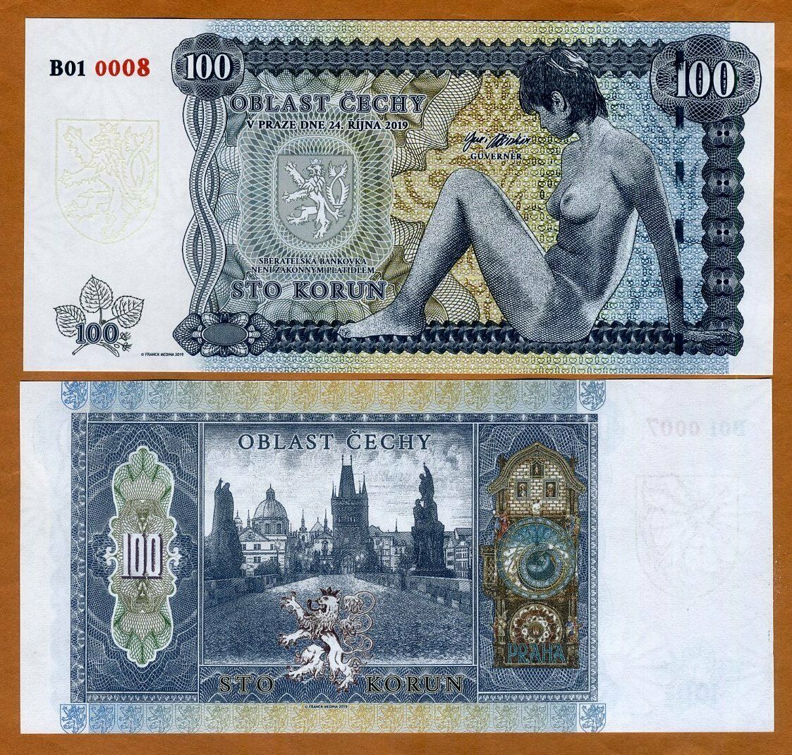 Bohemia, 100 Korun, Private Issue Essay, 2019, Limited Issue, Nude Allegory Unc