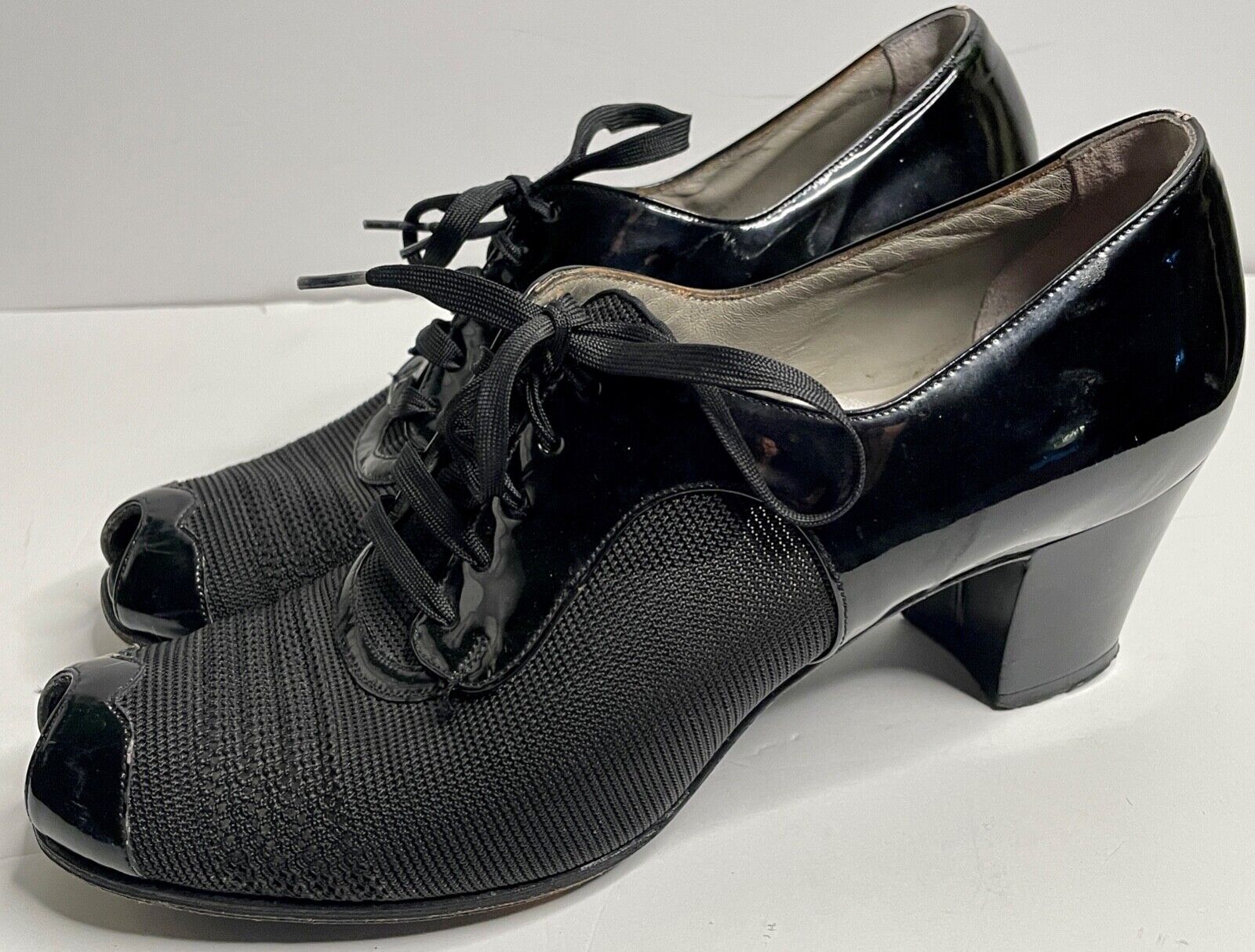 Vtg 40's Oxfords Black Mesh Lace-up Slingback Peep Toe Midi Heel Shoes*6-6.5