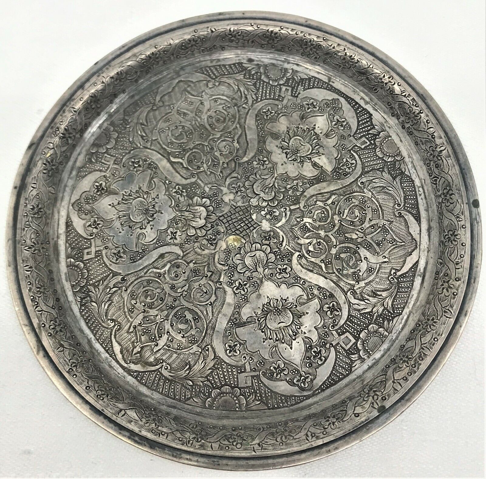 Antique Persian Sterling Silver Intricate Hand Engraved Small Dish Saucer Plate