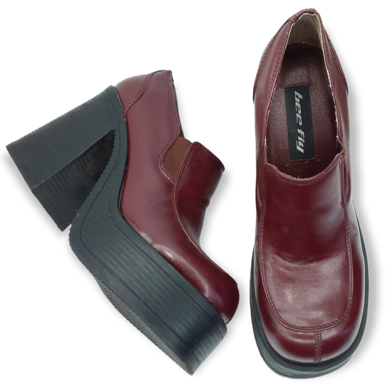 Vintage 90's Platform Heel Chunky Loafers Size 7 Bee Fly Burgundy Vegan Leather
