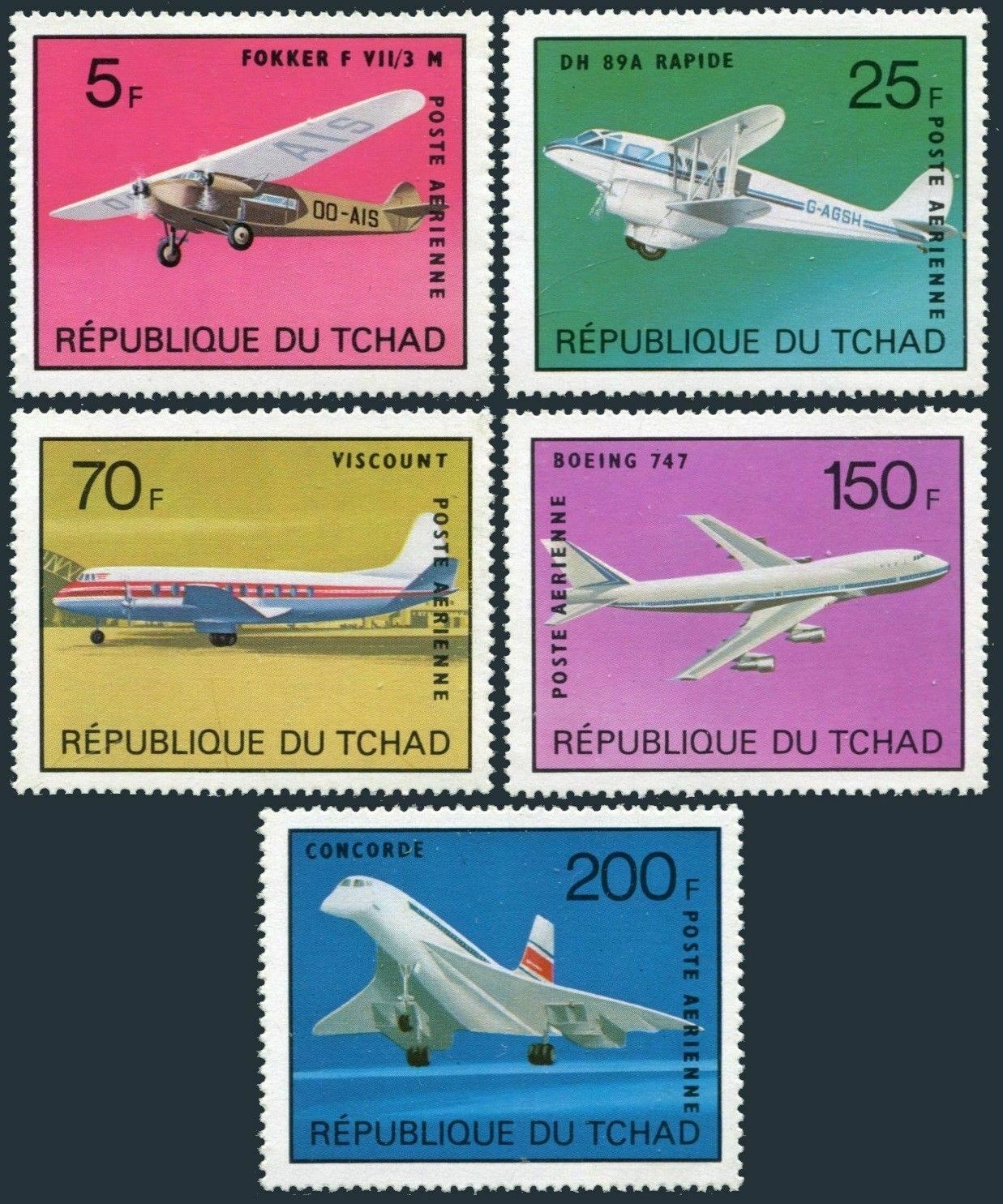 Chad C154f-c154k,mnh.michel 679-683. Airplanes 1973.fokker,rapide,concorde,