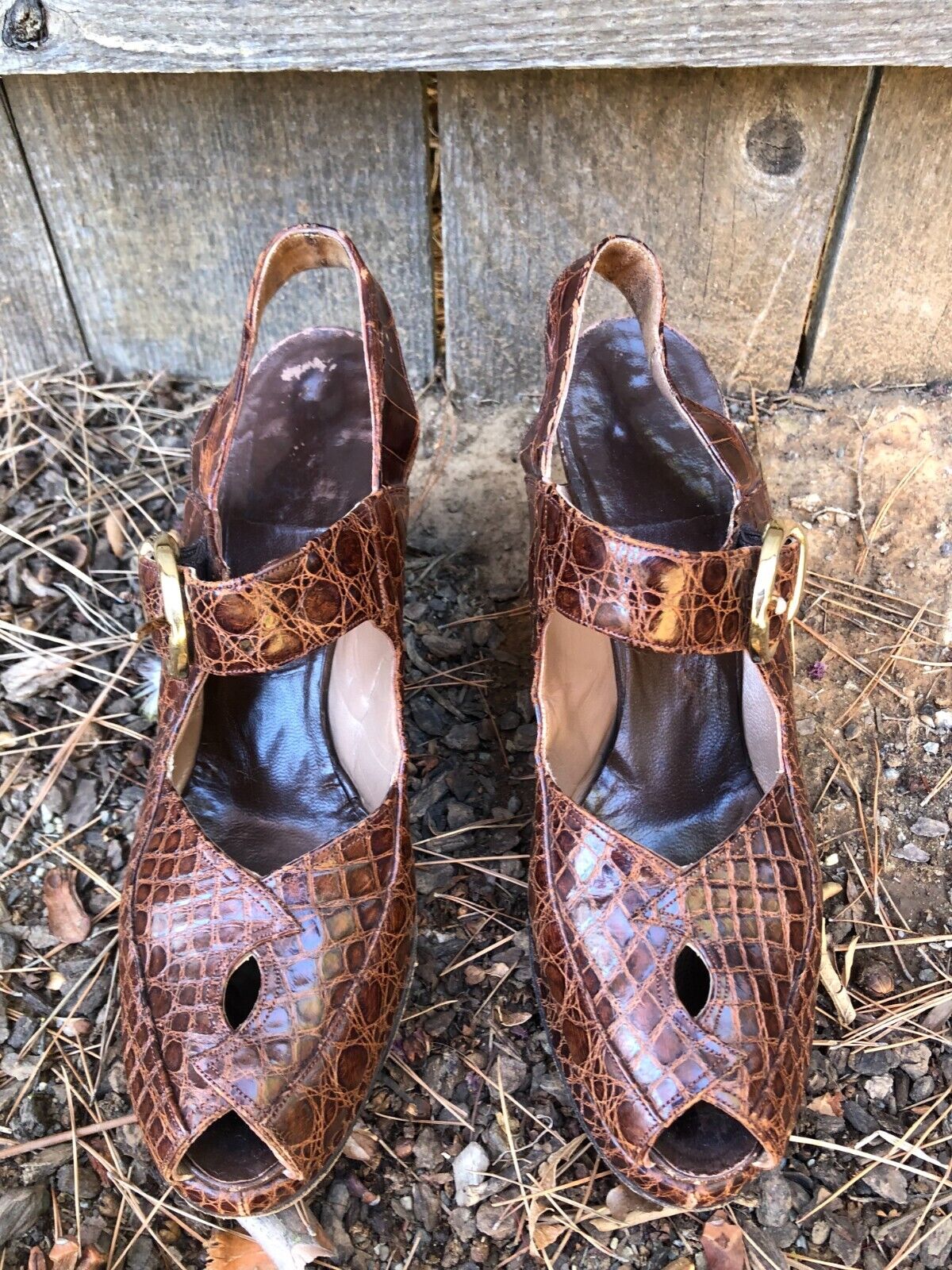 Vintage 40's  I Miller Platform  Peep Toe Heels Brown Croc Alligator Rare Size 9