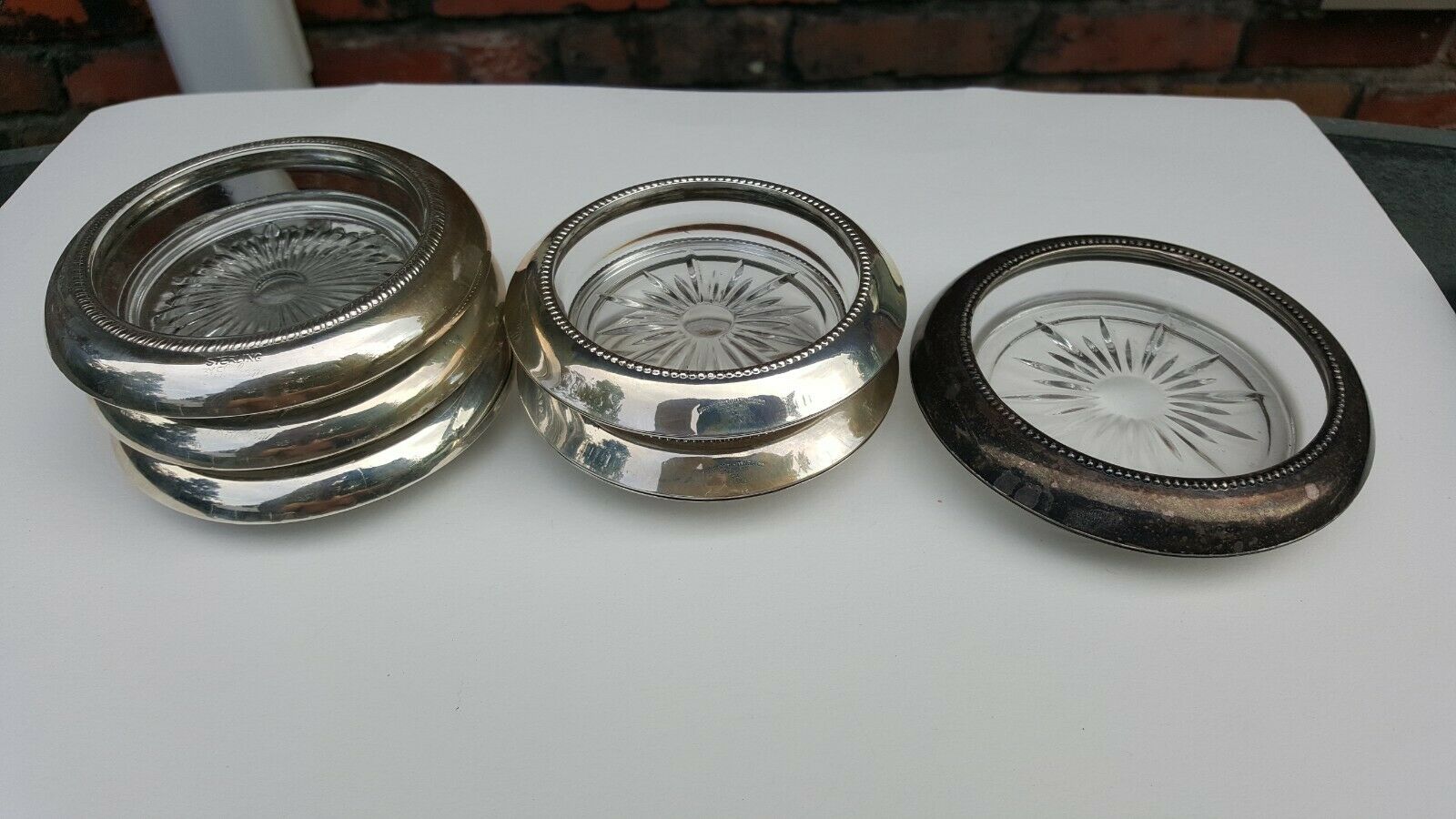 Lot Of (6) Old Vintage Antique Sterling Silver And Crystal Glass Drink Coasters