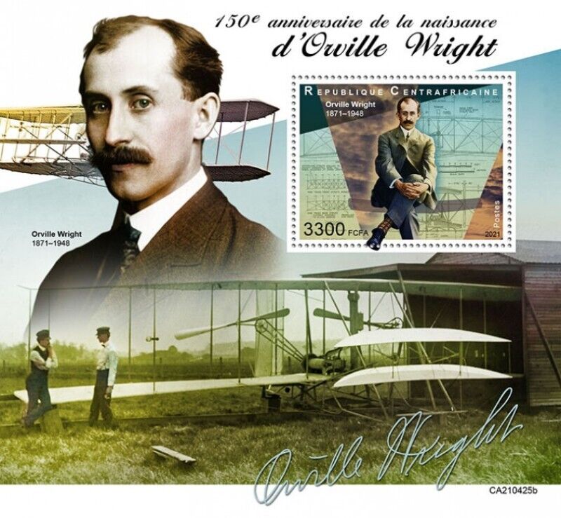 Central Africa - 2021 Aviation Pioneer Orville Wright - Souvenir Sheet Ca210425b