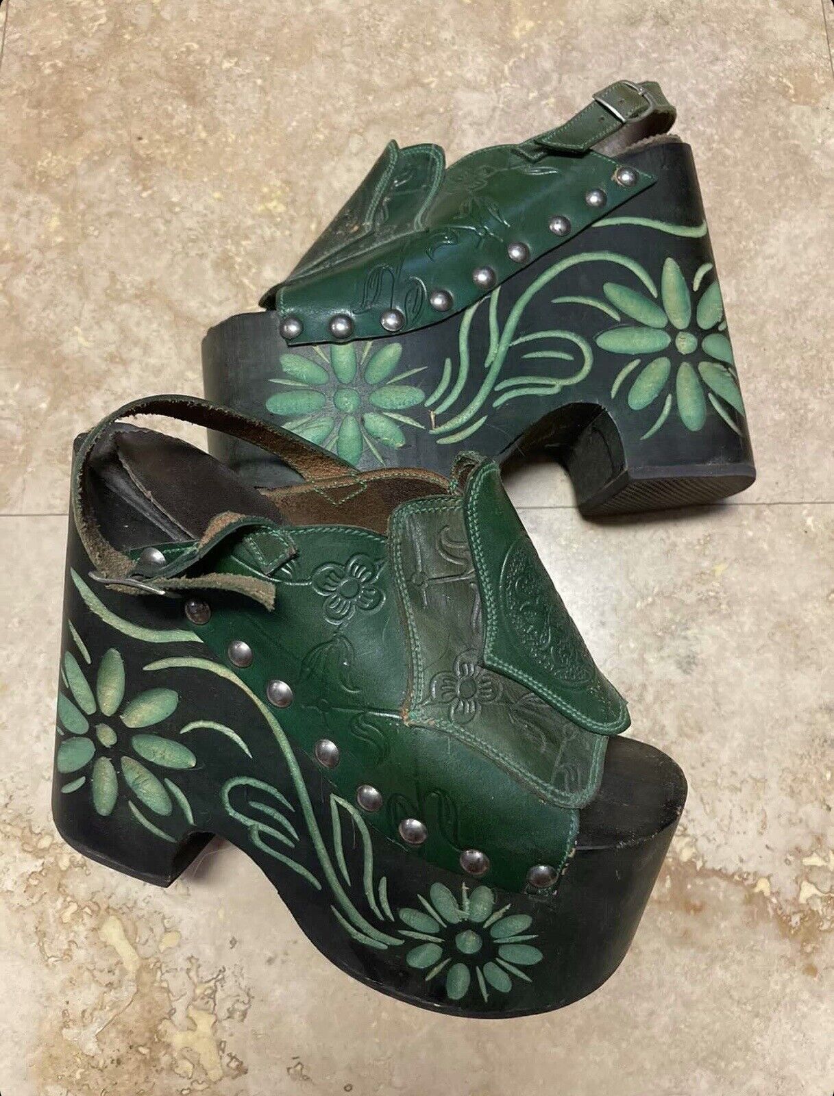 Vintage 70s Platforms Shoes Sandals Shoe High Heel Green Flower Hippie Boho