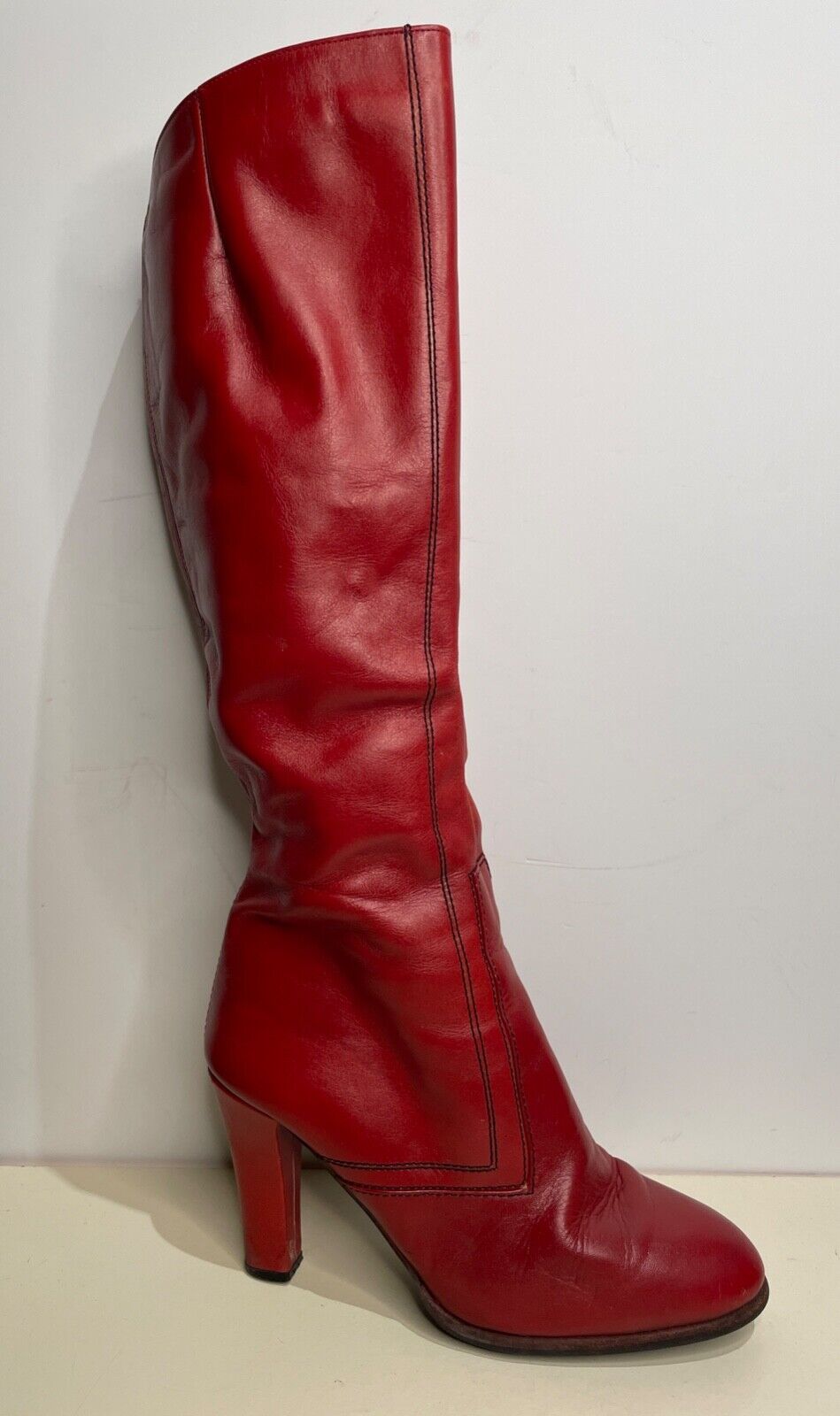 Vtg 60's-70's Lujano Red Leather Knee High Zip High Heel Gogo Boots*8
