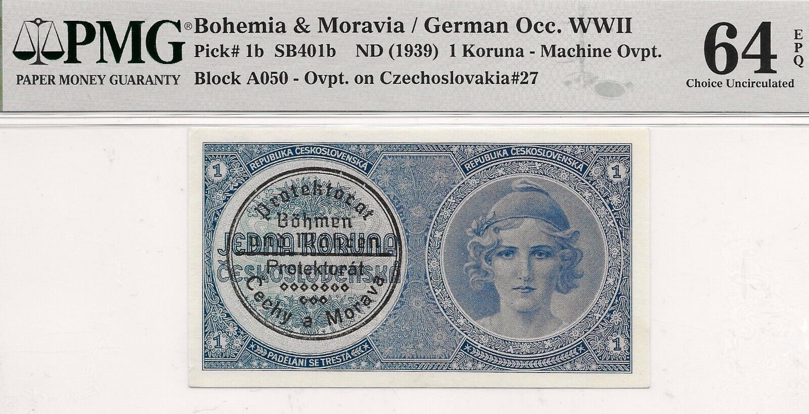 Bohemia & Moravia - German Occupation Wwii Nd(1939) 1 Koruna P1 Overprint Beauty
